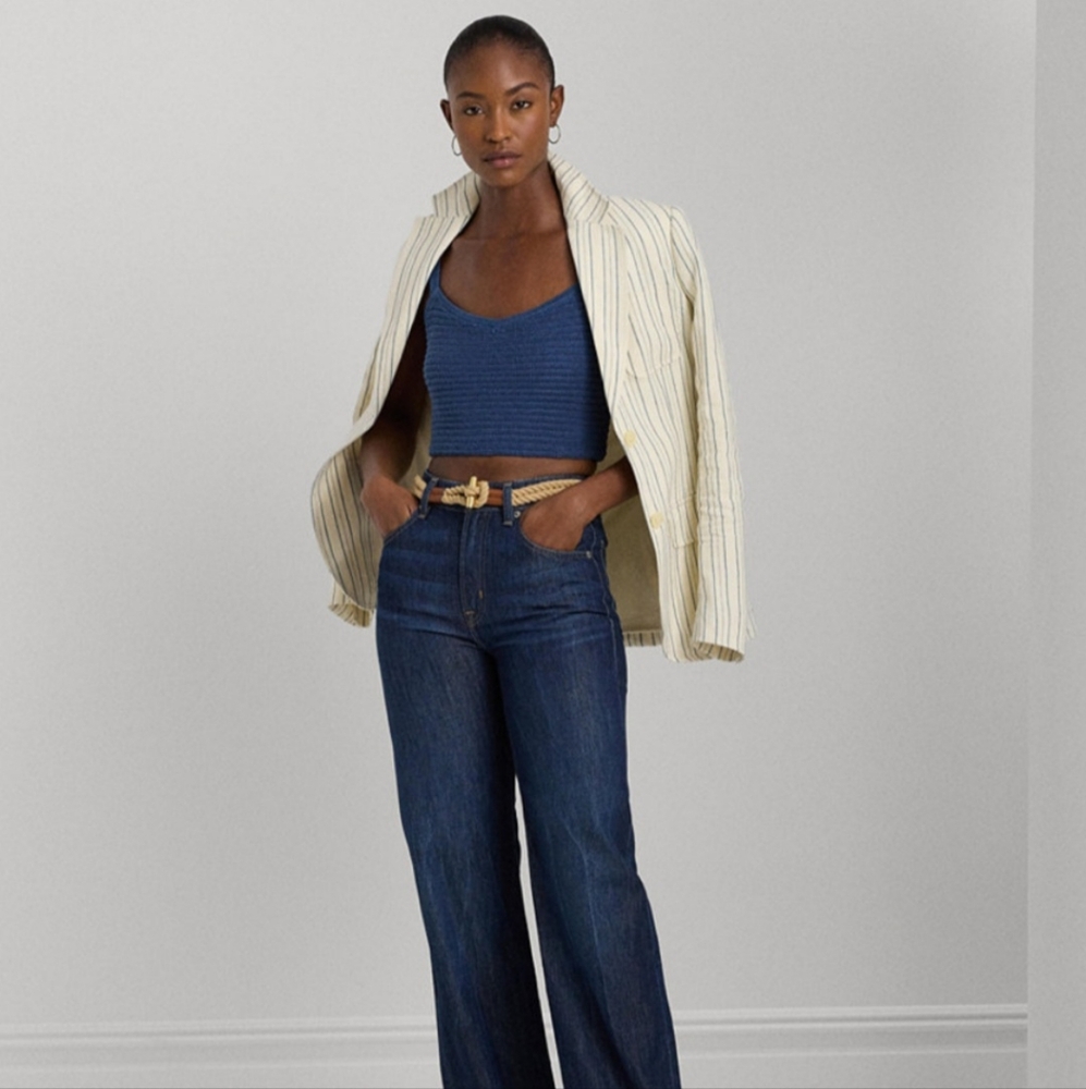 RALPH LAUREN WOMEN'S BLUE CROPPED LINEN SWEATER TANK SIZE LARGE NWT